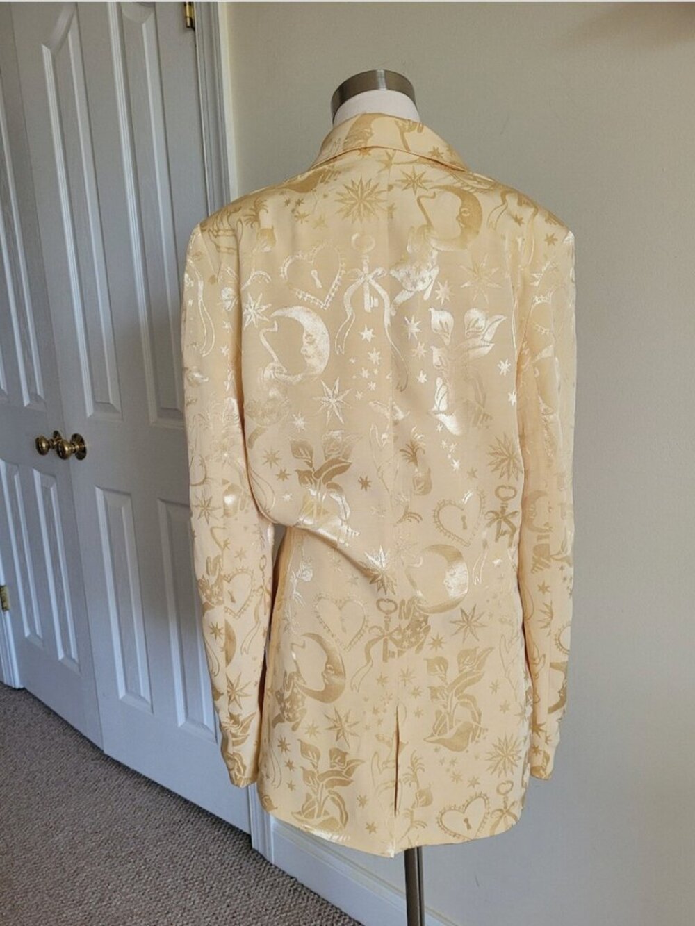 FARM RIO beige gold satin long-sleeve blazer mystical jacquard pattern size L - Picture 5 of 8